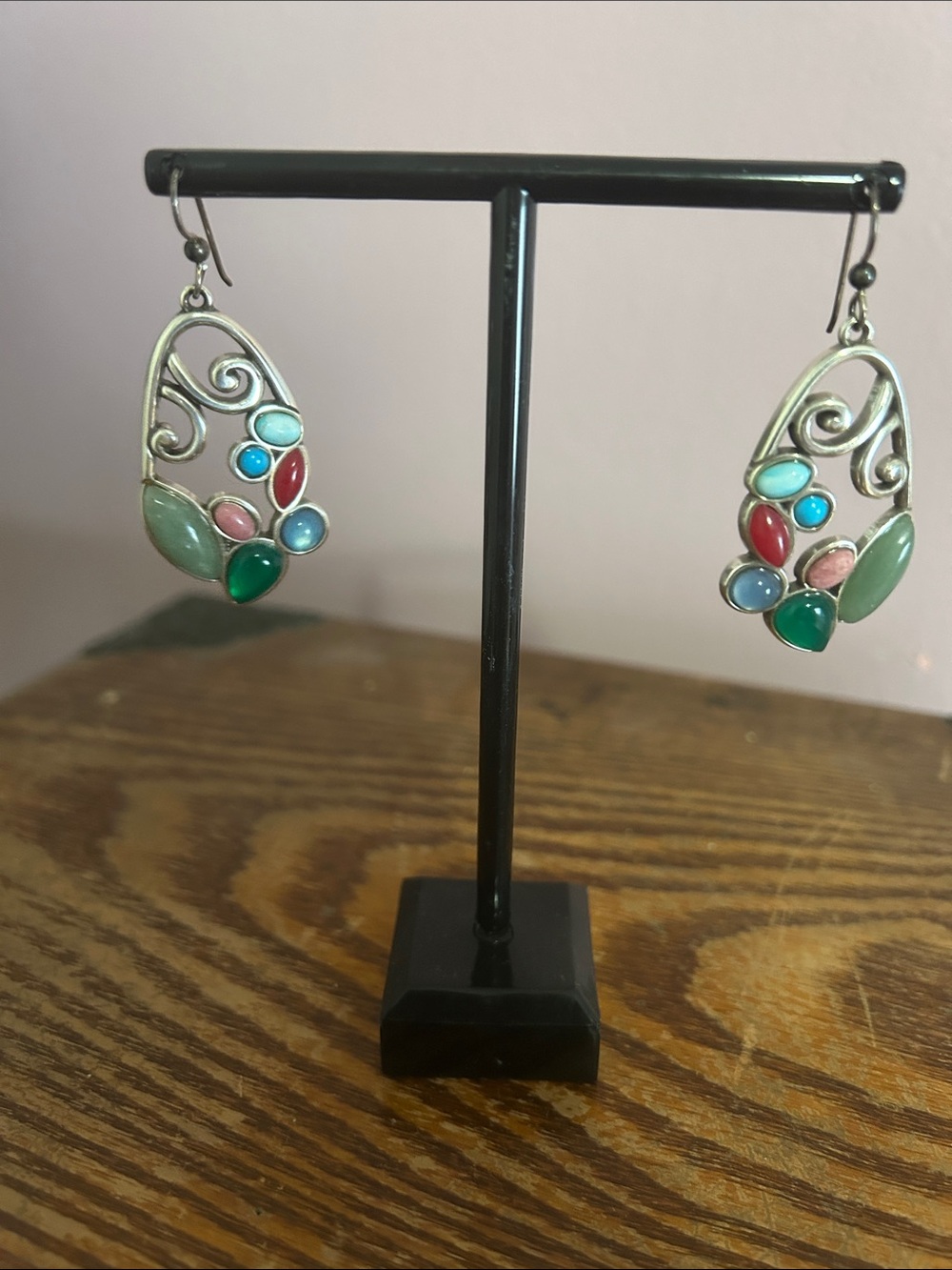 Multicolor Teardrop Stone Dangle Earrings - Silver Tone
